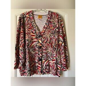 Ruby Rd. Red, Black & Cream Floral Burst Button-Front Top